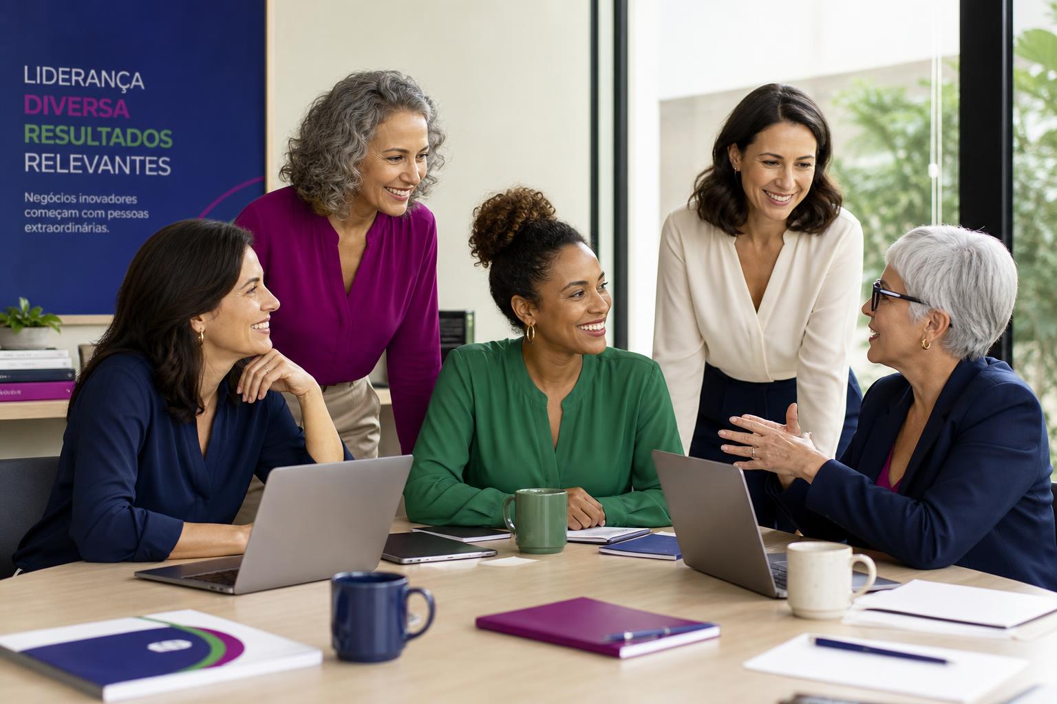 Cinco mulheres profissionais em reunião